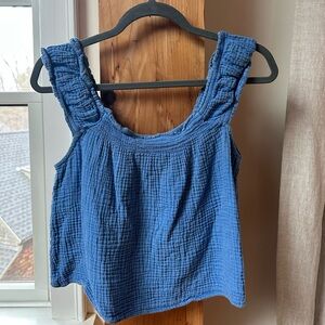 Blue Cotton Ruched-Strap Crop Tank Top